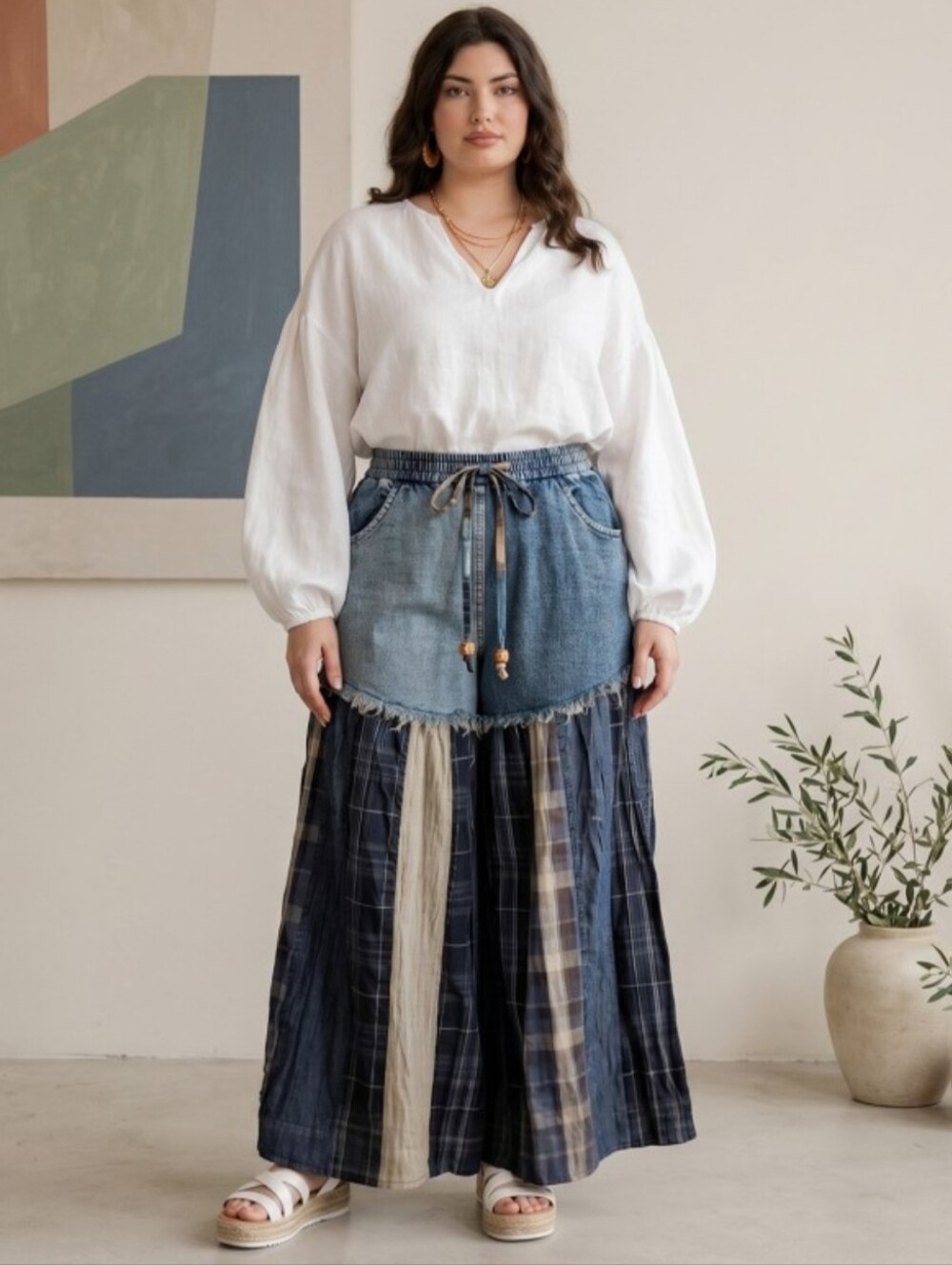 Young Threads PLUS Boho Patchwork Denim Plaid Wide Leg Pants